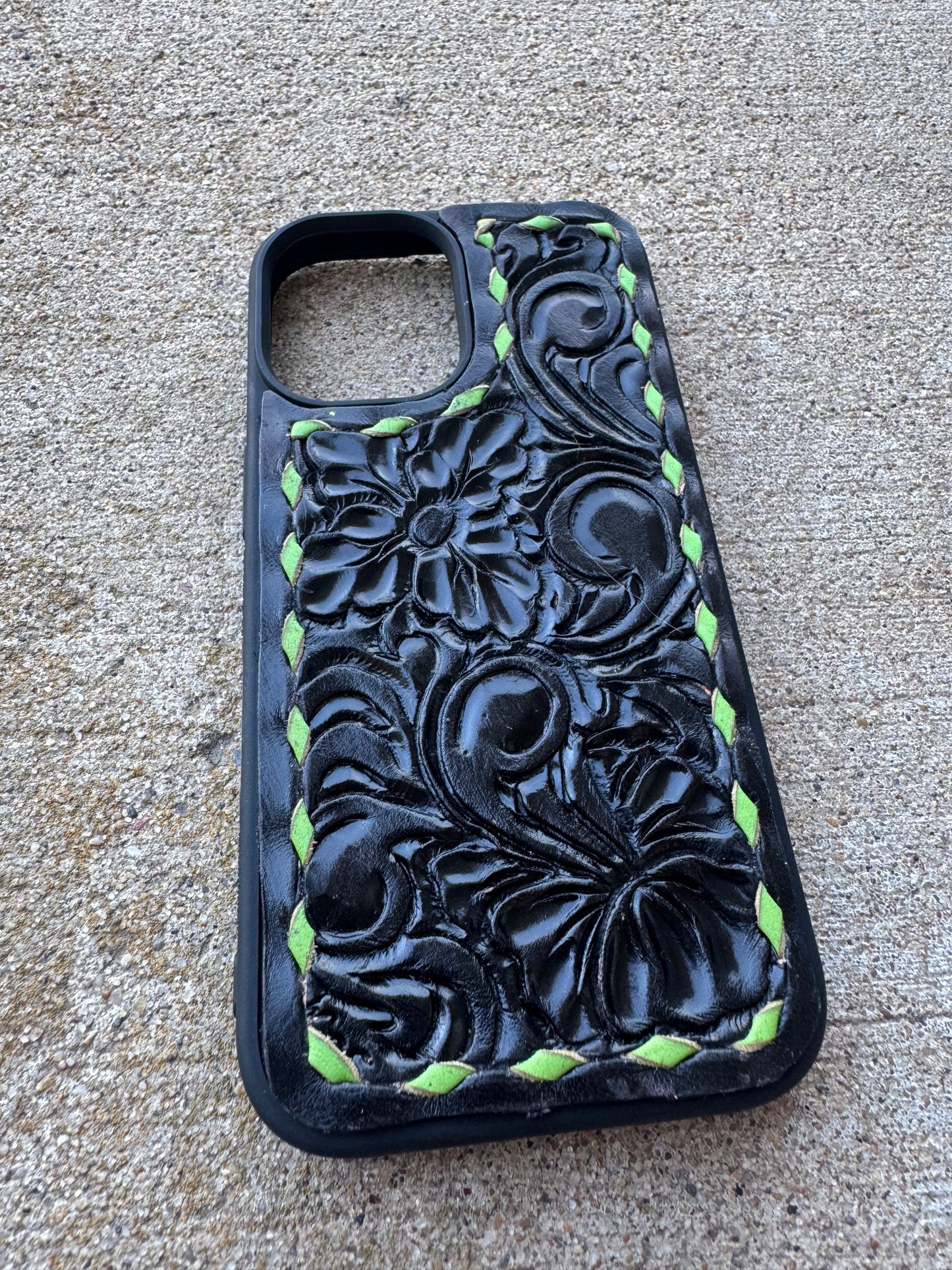 Black Tooled Case w/ Green Buckstitch