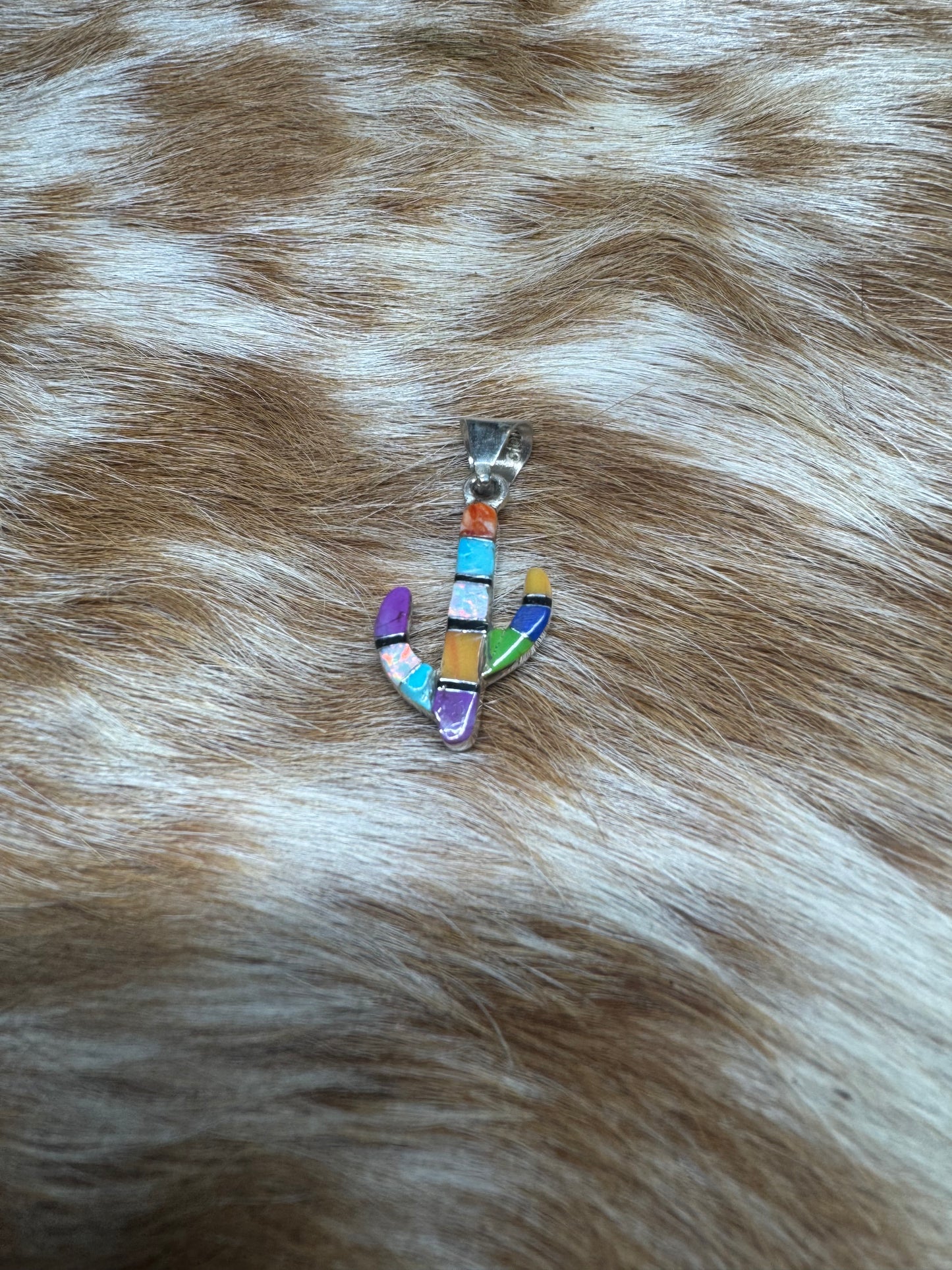 Double Sided Inlay Cactus Pendent