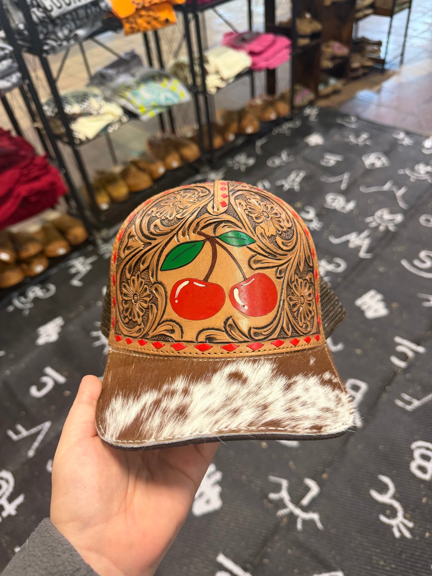 Cherry Leather Tooled And Cowhide Cap