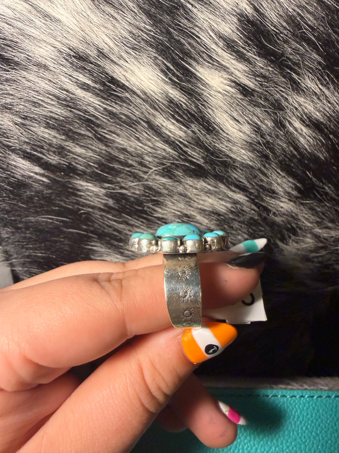 Turquoise Cluster Ring W/ Stamped Band