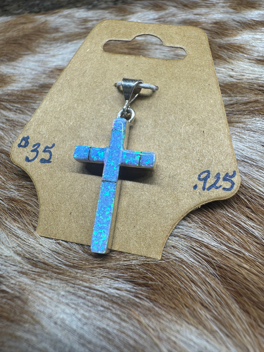 Blue Opal Inlay Cross Pendent