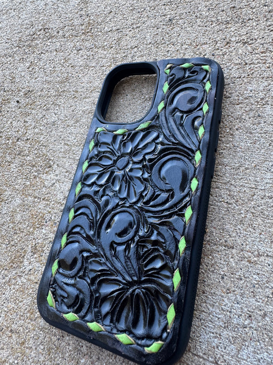 Black Tooled Case w/ Green Buckstitch