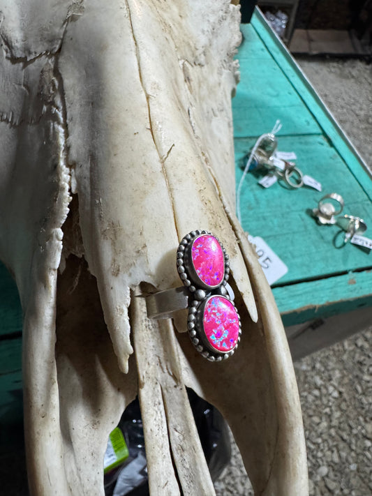 Double Stone Neon Pink Opal Ring
