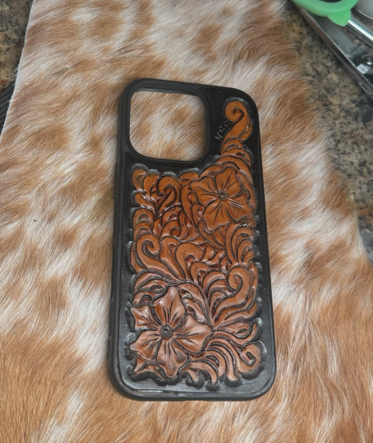 Black and Brown Tooled Leather Phone Case