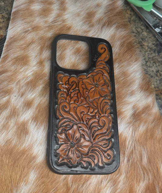 Black and Brown Tooled Leather Phone Case