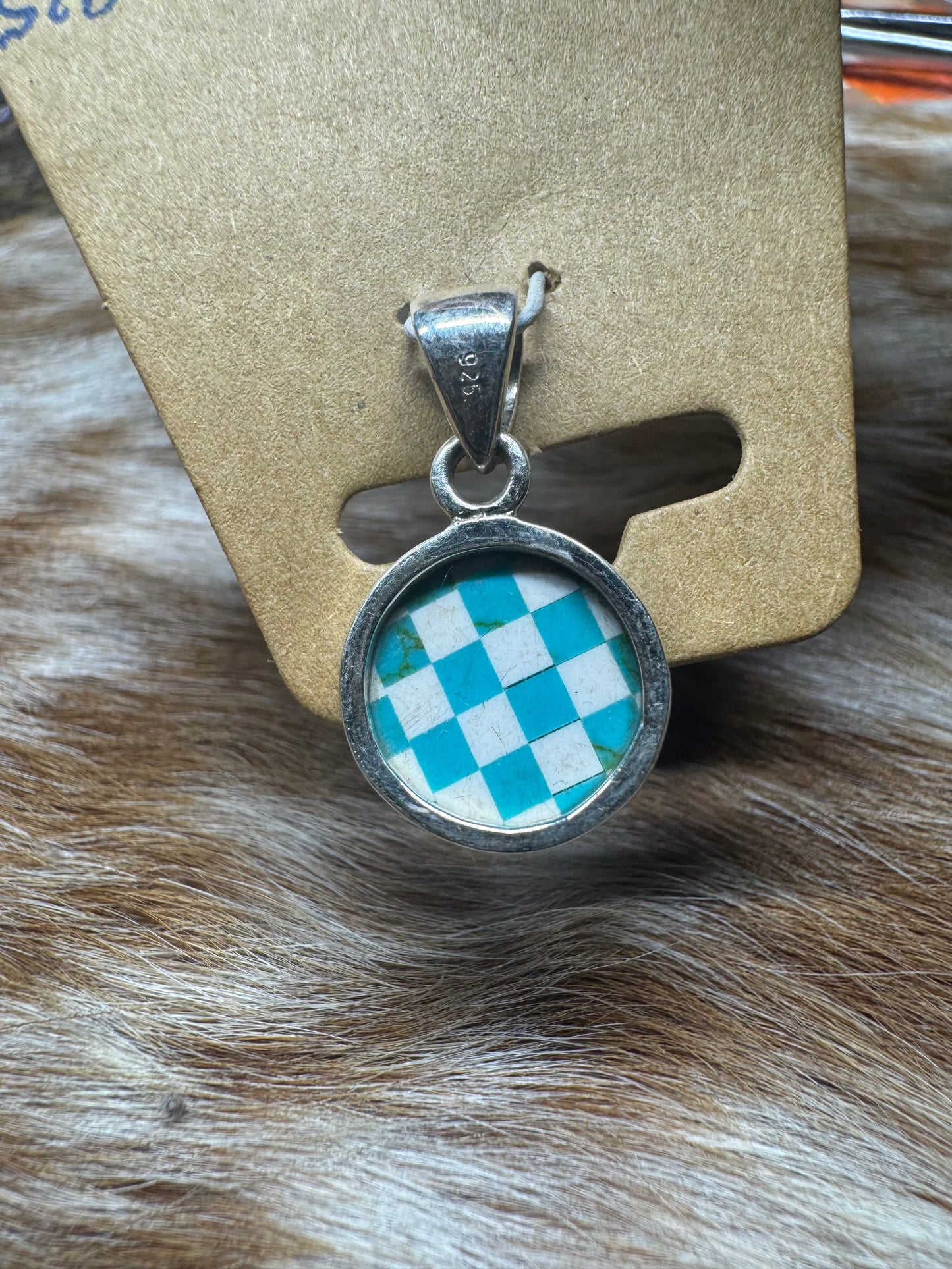 Turquoise Checkered Circle Pendent
