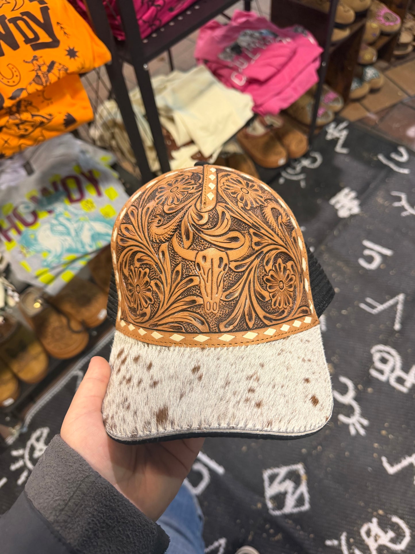 Leather Bull Skull And Cowhide Cap