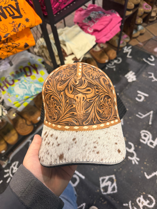 Leather Bull Skull And Cowhide Cap