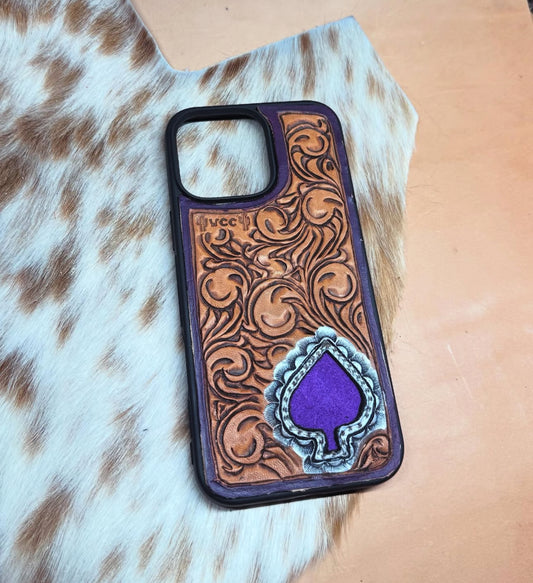Tooled Leather & Purple Suede Phone Case