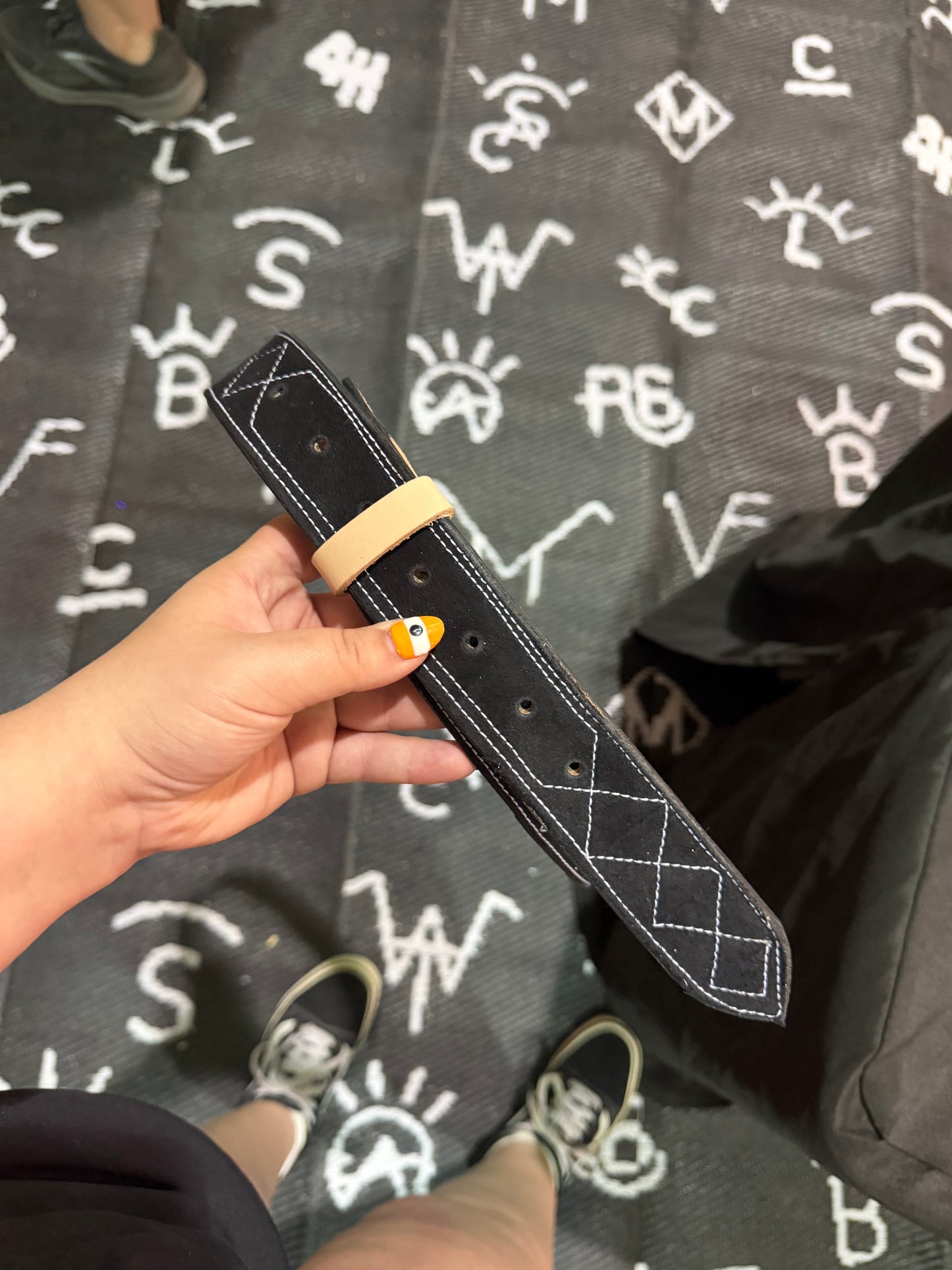 Black Diamond Stitch Suede Belt