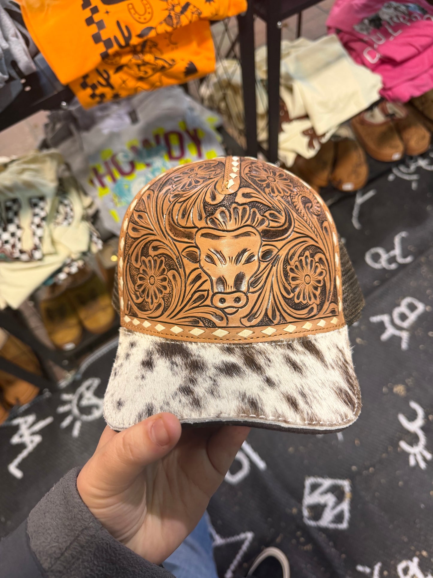 Leather Bull Skull And Cowhide Cap