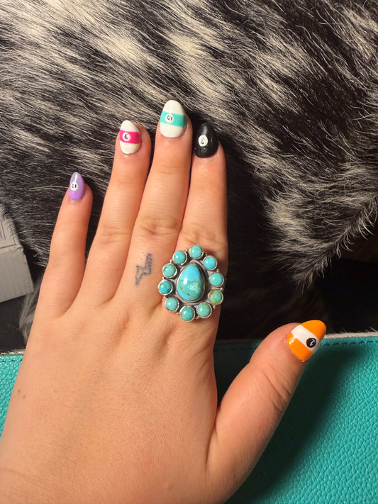 Turquoise Cluster Ring W/ Stamped Band
