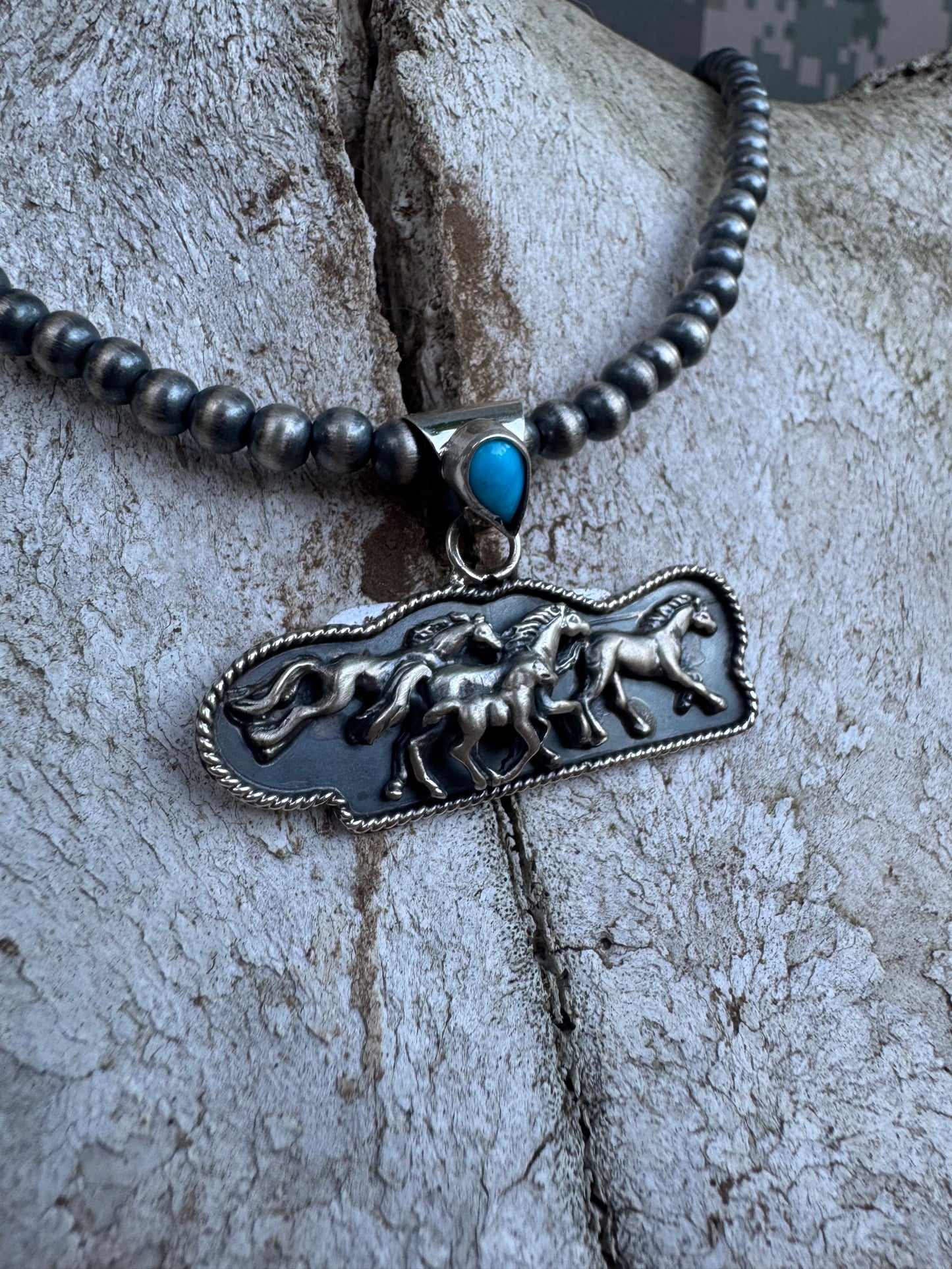 Navajo Made Running Horse's & Turquoise Pendent