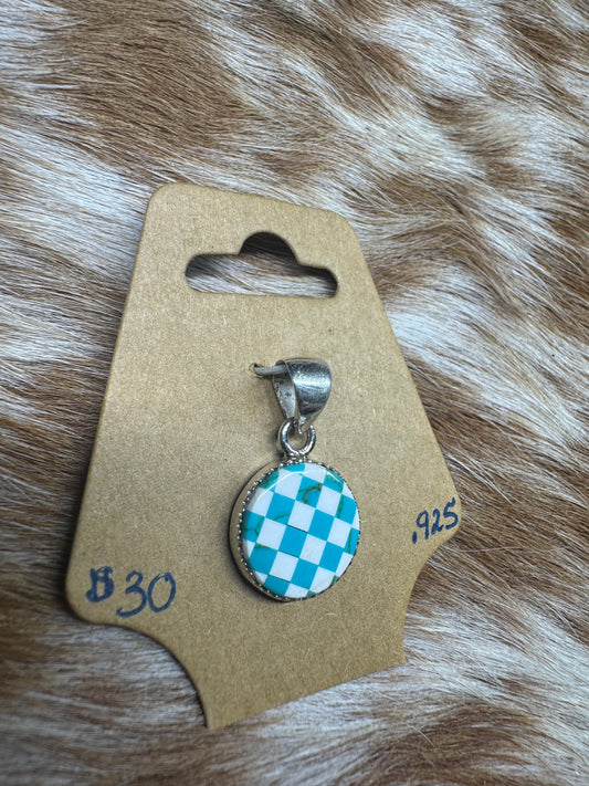 Turquoise Checkered Circle Pendent