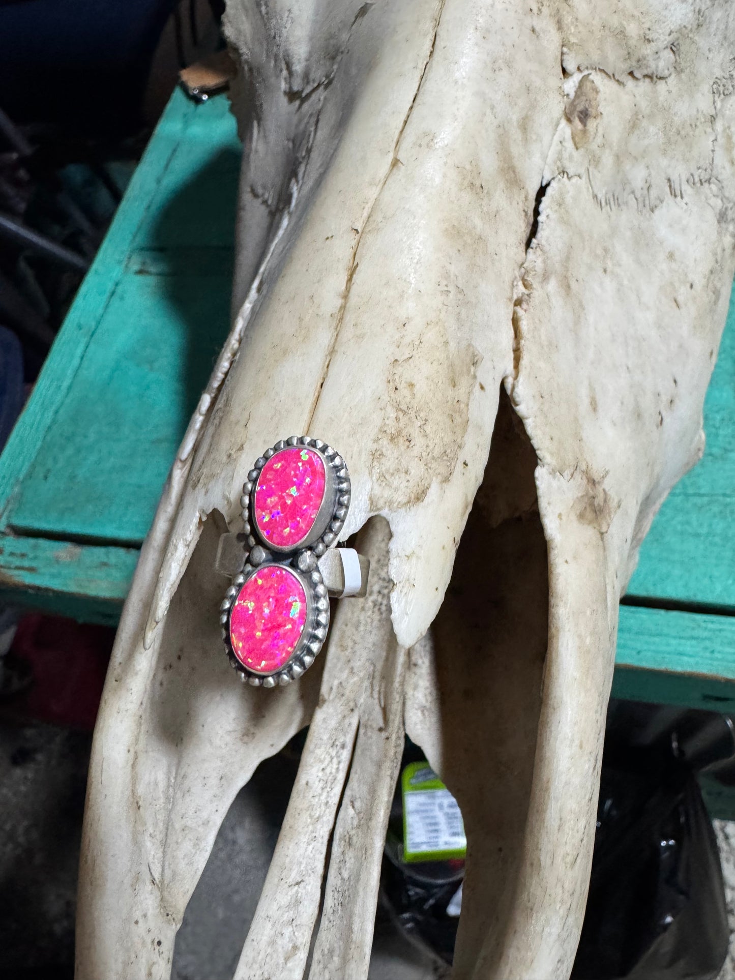 Double Stone Neon Pink Opal Ring