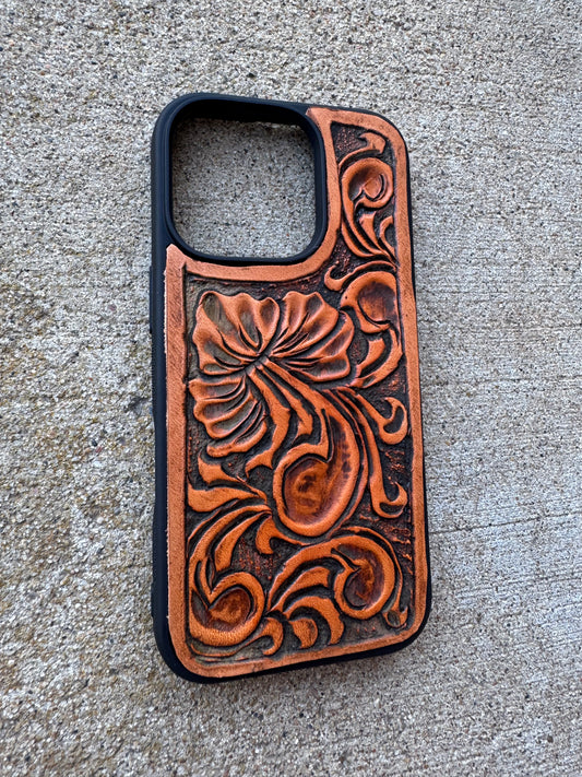 Brown Floral Tooled Phone Case