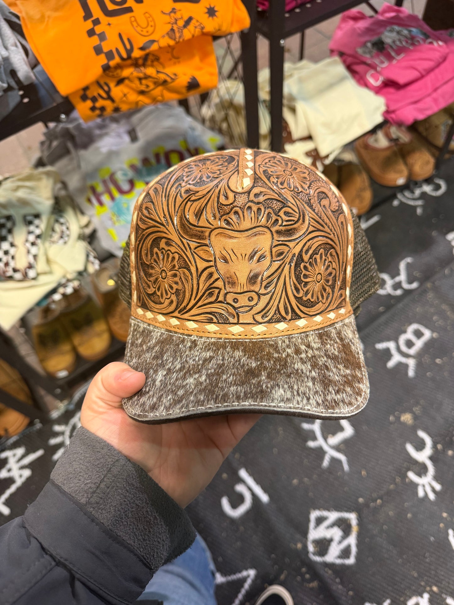 Leather Bull Skull And Cowhide Cap