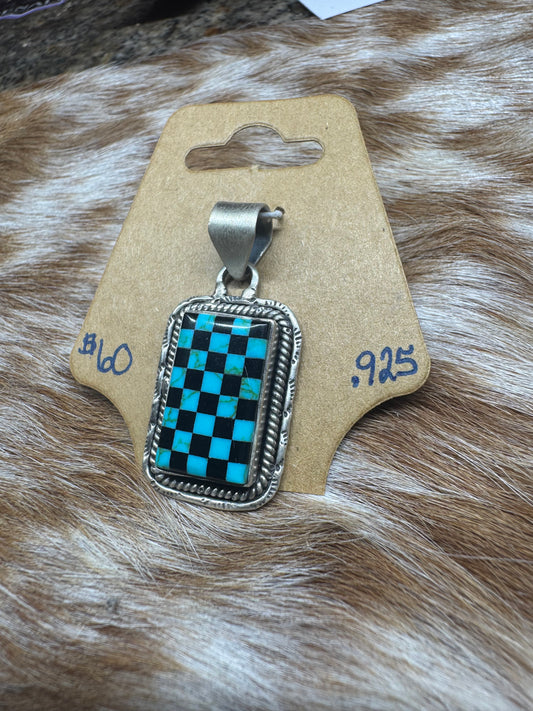 Turquoise Checkered Rectangle Pendent